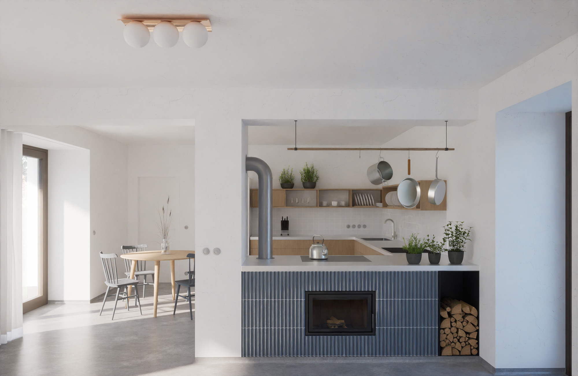 3D architektonická vizualizace rekonstrukce interiéru chalupy v Božeticích - kuchyň a jídelna
